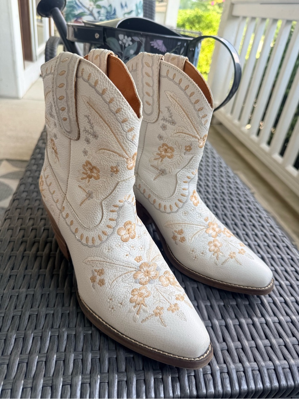 Dingo Cream Western Ankle Boots with Gold Floral Embroidery